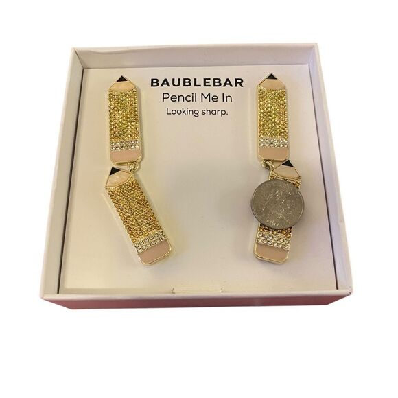 BaubleBar Pencil Me In Sparkly Gold Tone Stud Dangle Earrings. - Picture 5 of 6